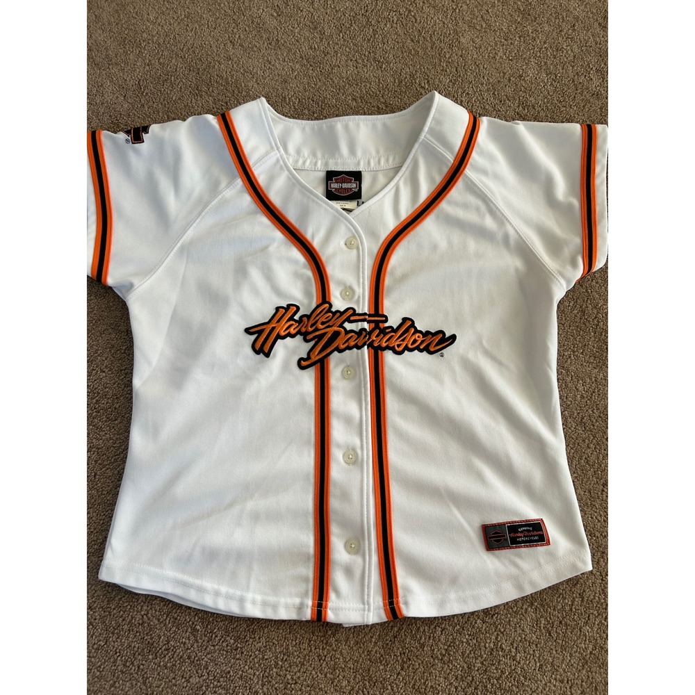 Harley-Davidson NYC Baseball Jersey Womens Medium White Embroidered Button Up